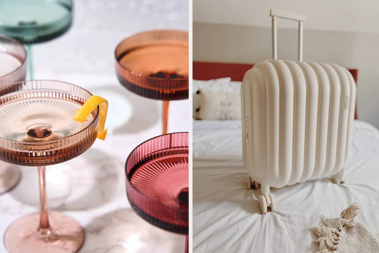 Several elegant glassware pieces displayed on the left; a stylish, modern suitcase on the right. The article is about shopping