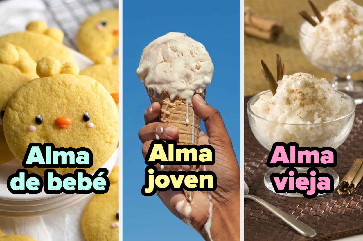Tres distintas presentaciones de postres: galletas con forma de pollo con el texto "Alma de bebé", helado en cono con el texto "Alma joven" y arroz con leche con el texto "Alma vieja"
