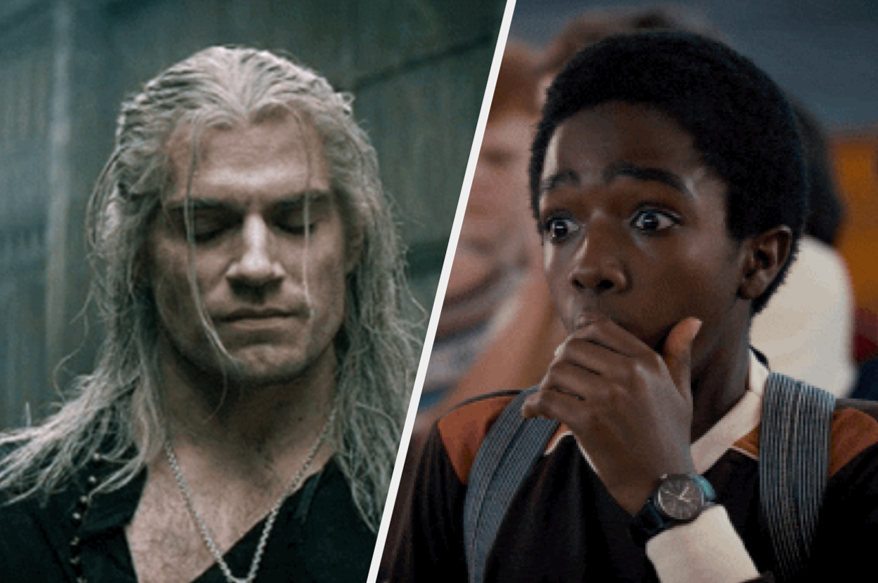 Geralt of Rivia from "The Witcher" stands with his eyes closed. Caleb McLaughlin's character from "Stranger Things" looks surprised with hand over his mouth