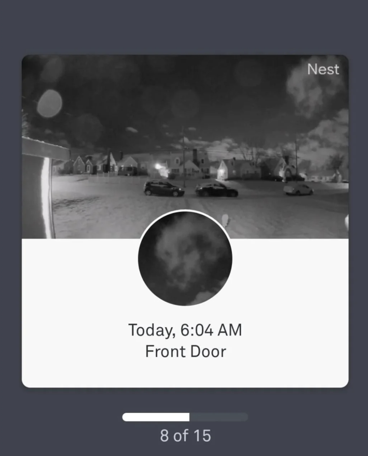 Nest camera footage shows a snowy neighborhood captured at 6:04 AM with the label "Front Door."