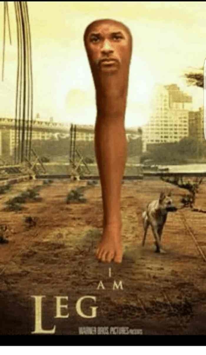 Poster with a man's face on a leg and a dog walking beside it on a deserted street. Text reads "I Am Leg."