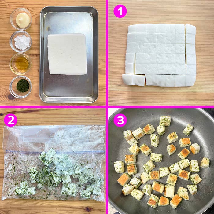 はんぺんの調理工程。1: 一口大にカット。2: 調味料と一緒に袋に入れて混ぜる。3: フライパンで焼く。