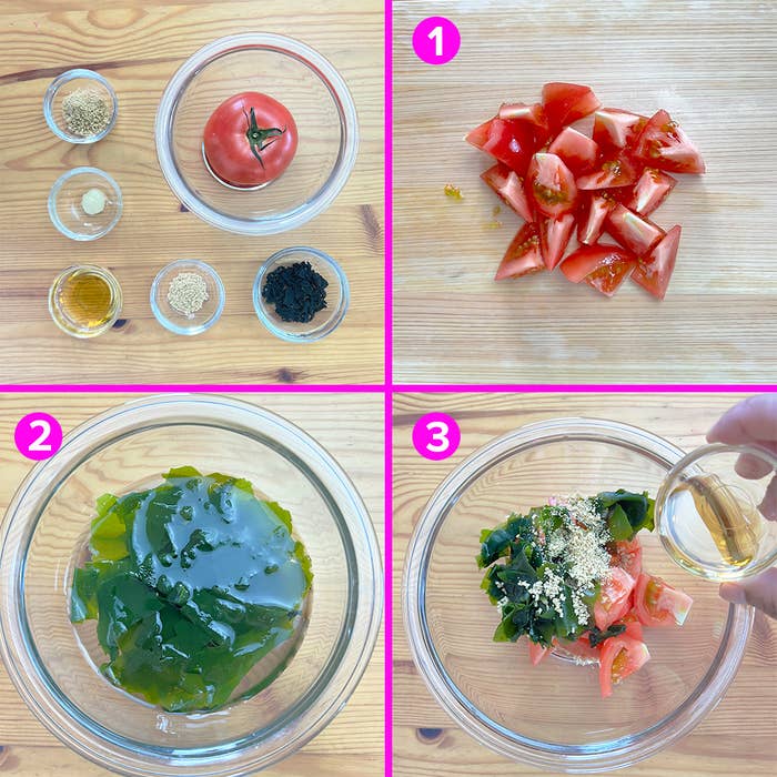 トマトと調味料を使った料理の手順。トマトをカットし、海藻と混ぜ、さらに調味料を加えている。