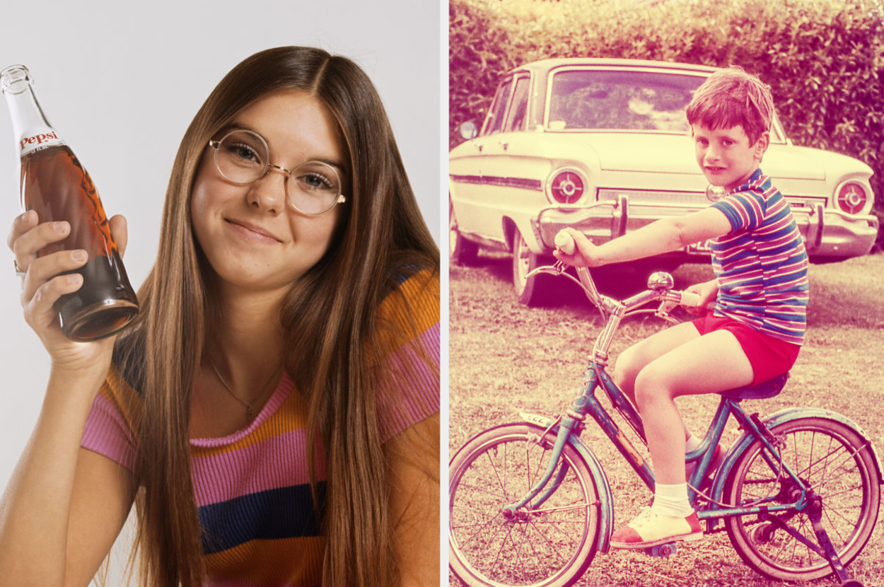 Girl holding a soda bottle on the left. Pictured A boy riding a bike with a classic car in the background on the right