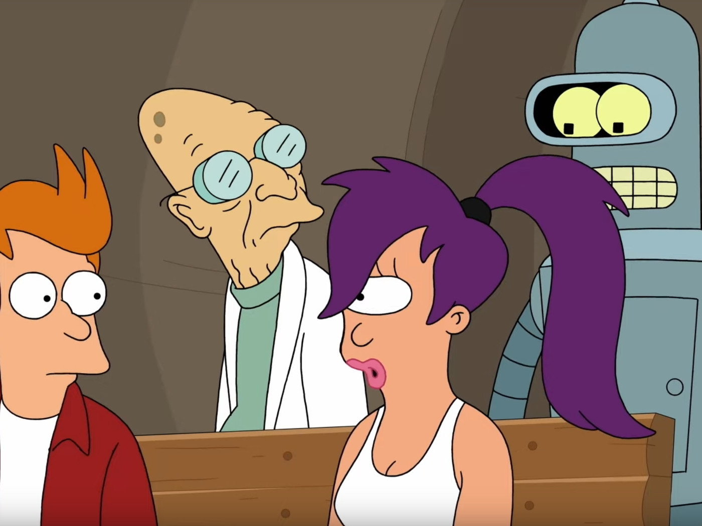 Fry, Professor Farnsworth, Leela, and Bender from Futurama are sitting together, engaged in conversation