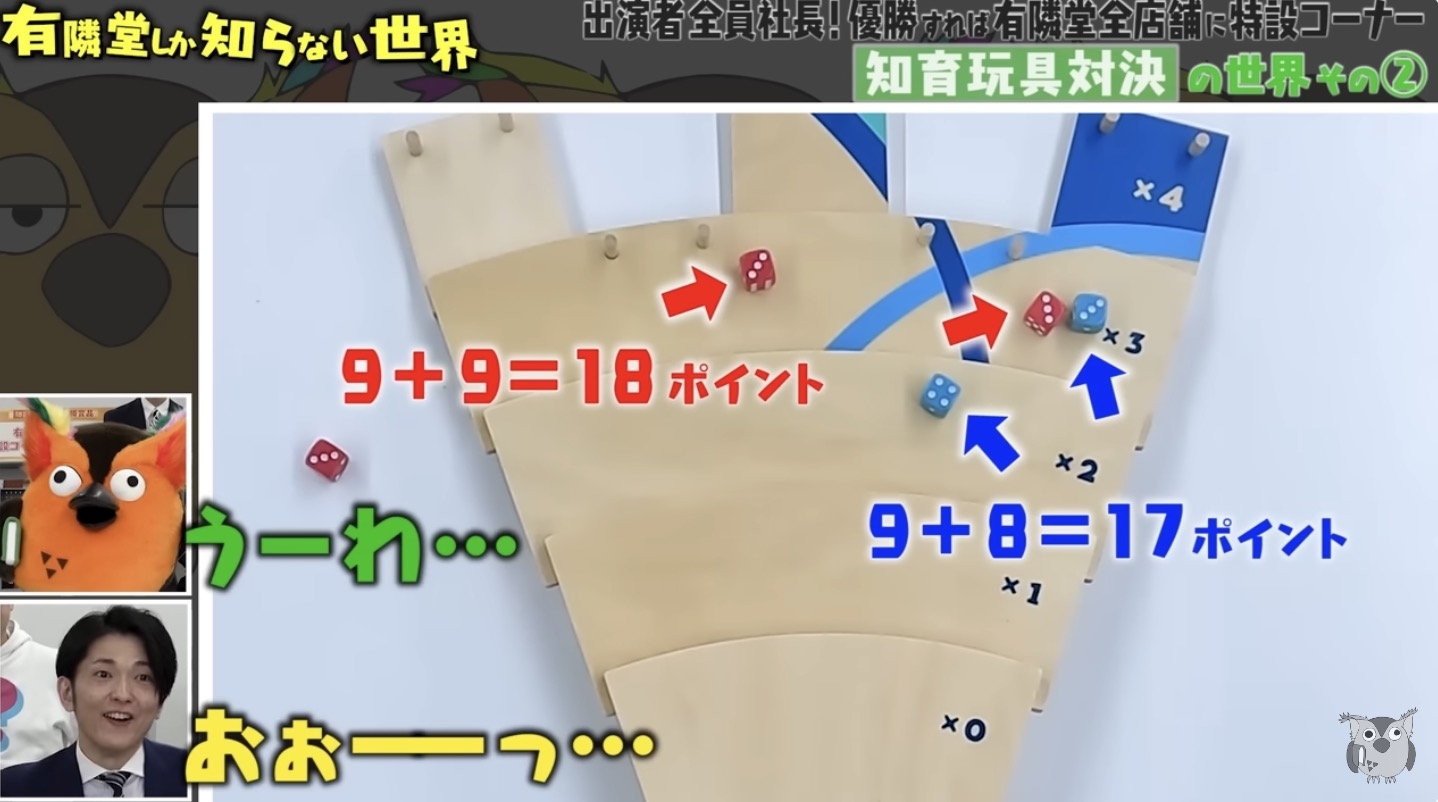 画像には木製のゲーム盤と計算結果(9+9=18ポイント、9+8=17ポイント)が示されています。出演者は有田哲平とカズレーザー。