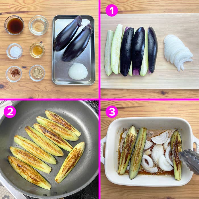 なす、玉ねぎ、調味料を使った料理過程の4つのステップ。ステップ1: 材料準備。ステップ2: 焼く。ステップ3: 焼いたなすと玉ねぎを皿に盛る。