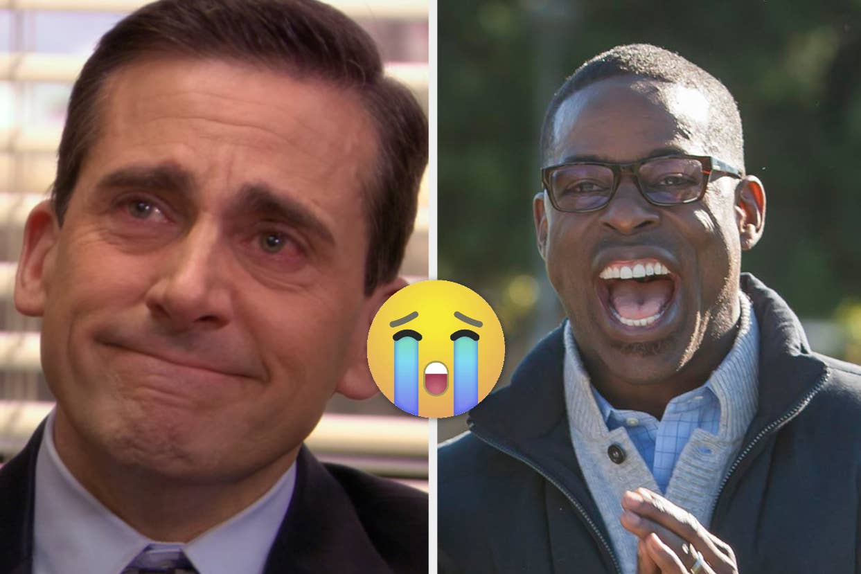 On the left, a man tears up, looking emotional. On the right, another man laughs heartily, wearing glasses and a jacket. Crying emoji in the center