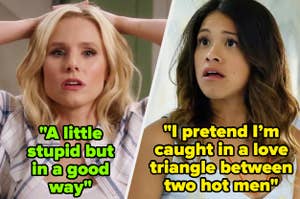 Kristen Bell in a plaid shirt with quote: "A little stupid but in a good way." Gina Rodriguez with quote: "I pretend I'm caught in a love triangle between two hot men."