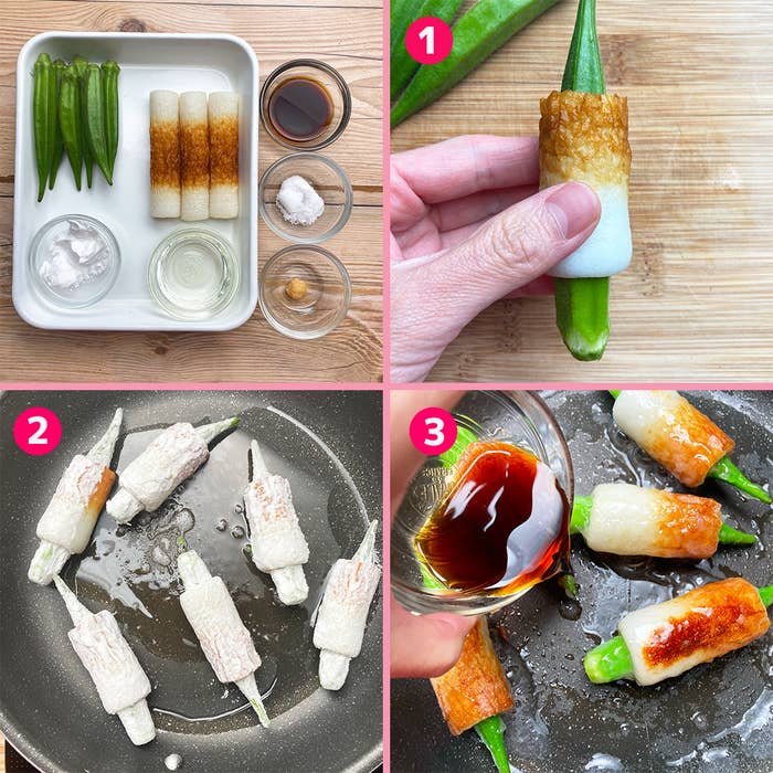 料理の手順:
- オクラをちくわで巻く。
- 巻いたちくわをフライパンで焼く。
- 焼いたちくわに醤油をかける。