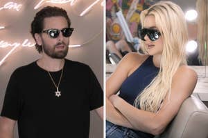 Scott Disick wears a black shirt and necklace next to Paris Hilton wearing sunglasses and a sleeveless top indoors