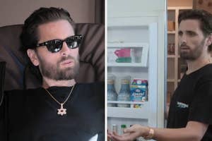 Scott Disick in a split image; on the left, he is sitting and wearing sunglasses, and on the right, he appears to be speaking while standing in front of an open fridge