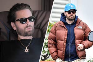 Scott Disick in two images. In the left image, he is seated wearing sunglasses and a necklace. In the right image, he is outside in a padded jacket and a blue cap