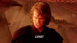 Anakin Skywalker, a character from Star Wars, angrily shouts &quot;LIAR!&quot; with a furious expression, set against a fiery background