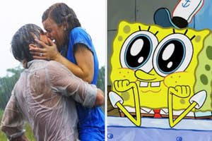 Ryan Gosling kisses Rachel McAdams in rain (The Notebook) on left; SpongeBob SquarePants grinning on right