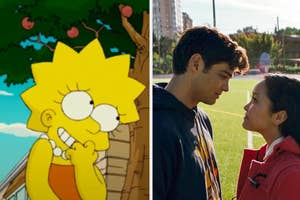 Lisa Simpson under a tree with apples, alongside Trevor from "To All the Boys I've Loved Before" facing Lara Jean Covey on a soccer field