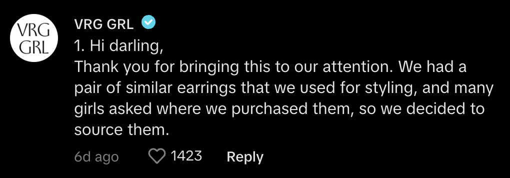 Comment by VRG GRL: &quot;Hi darling, thanks for bringing this to our attention. We had similar earrings for styling, and many girls asked where to purchase them, so we sourced them.&quot;