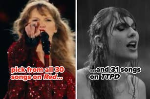 Taylor Swift performing on stage and pointing at the camera (left) and Taylor Swift looking surprised in a room (right). Text: "Best song from Red? What about Midnights?"