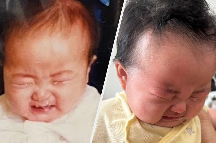 二人の赤ちゃんが泣いているコラージュ画像。