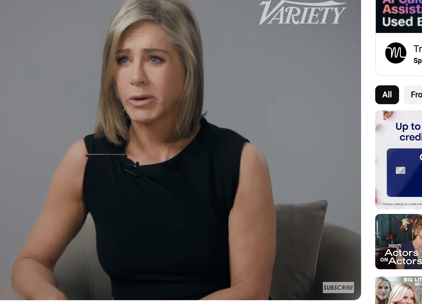 Jennifer Aniston sits in an interview for Variety&#x27;s &quot;Actors on Actors,&quot; wearing a sleeveless top