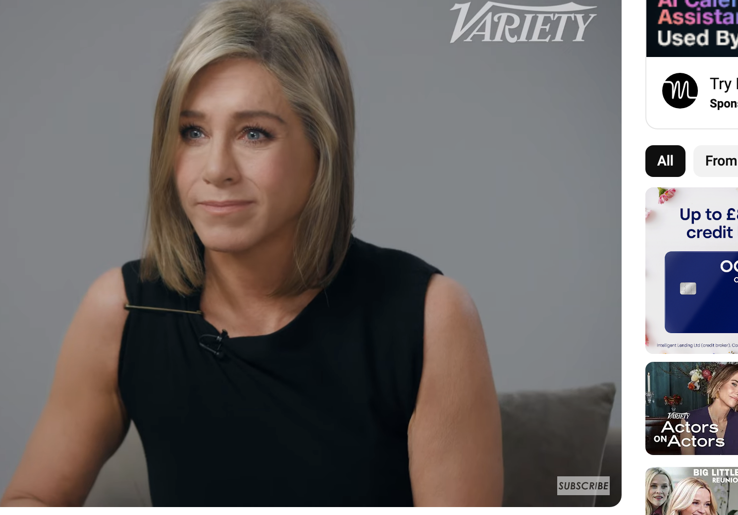 Jennifer Aniston in a black sleeveless top on Variety&#x27;s &quot;Actors on Actors&quot; YouTube show, discussing with Quinta Brunson (not visible in this frame)