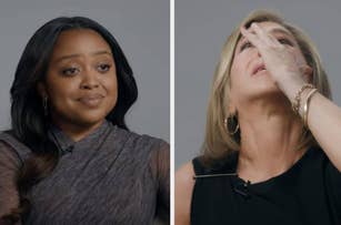 Quinta Brunson and Jennifer Aniston are seated and visibly emotional while giving an interview
