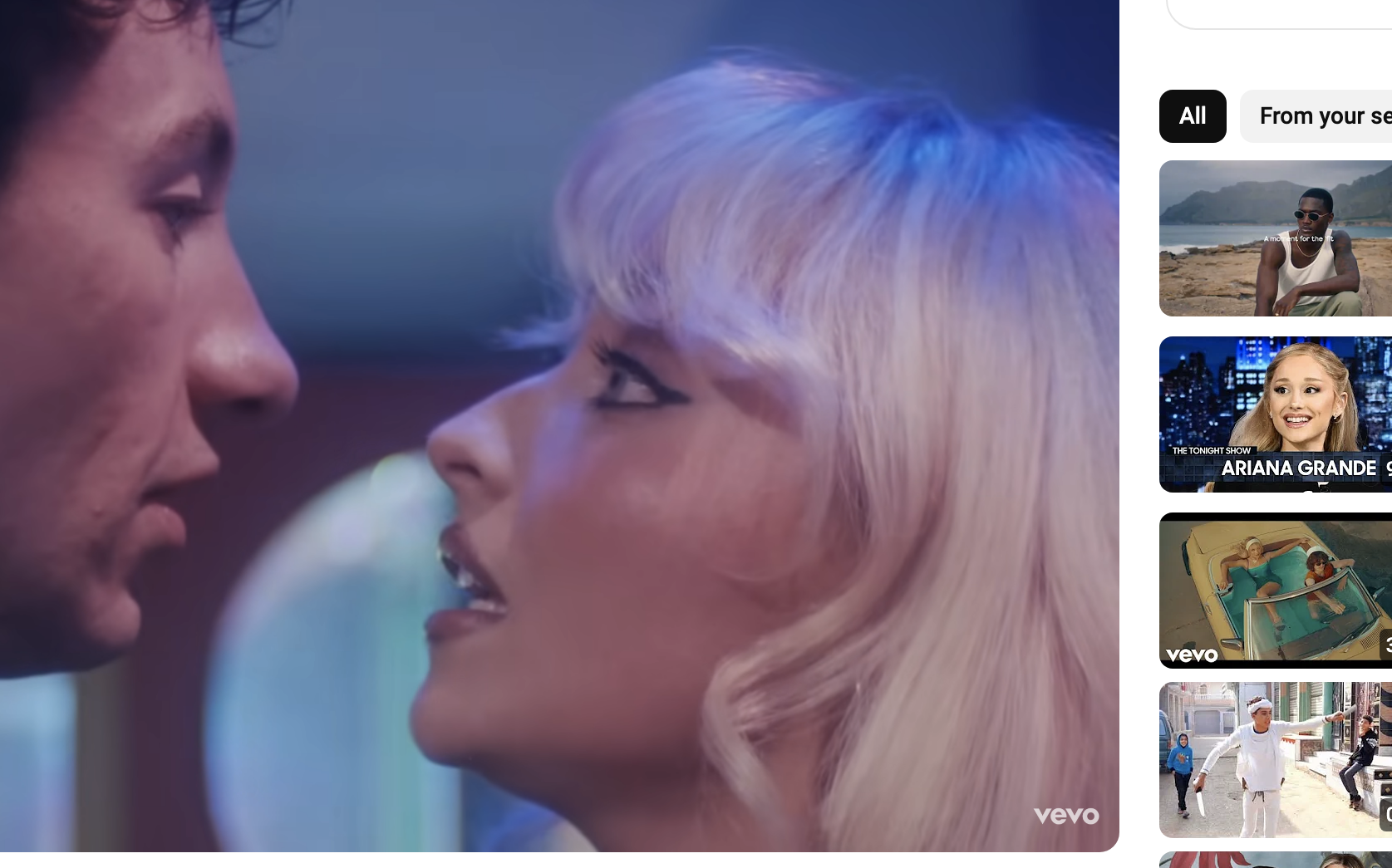 Sabrina Carpenter and Barry Keoghan share a close moment face-to-face in a scene from her music video &quot;Please Please Please (Official Video)&quot; on YouTube