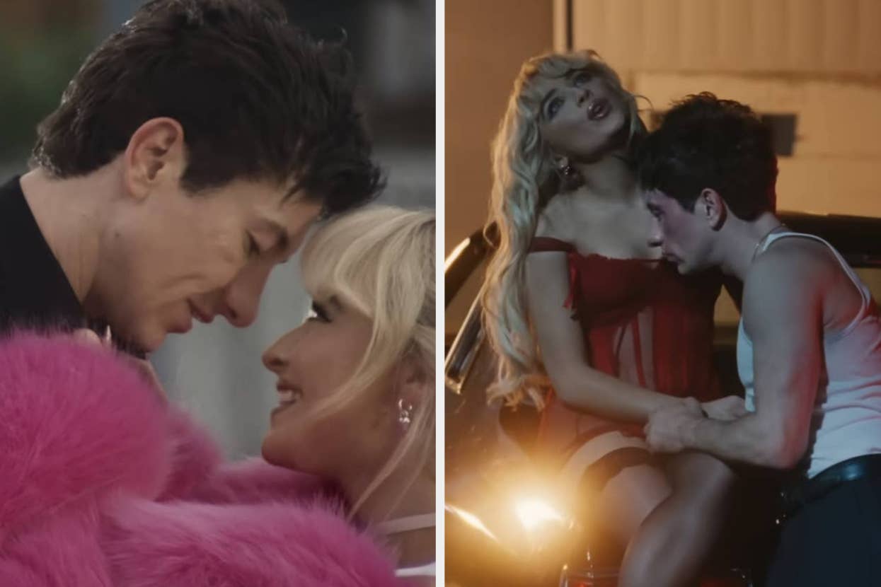 Barry Keoghan embraces Sabrina Carpenter in a pink fur coat on the left; on the right, he holds her in a red corset while sitting on a car