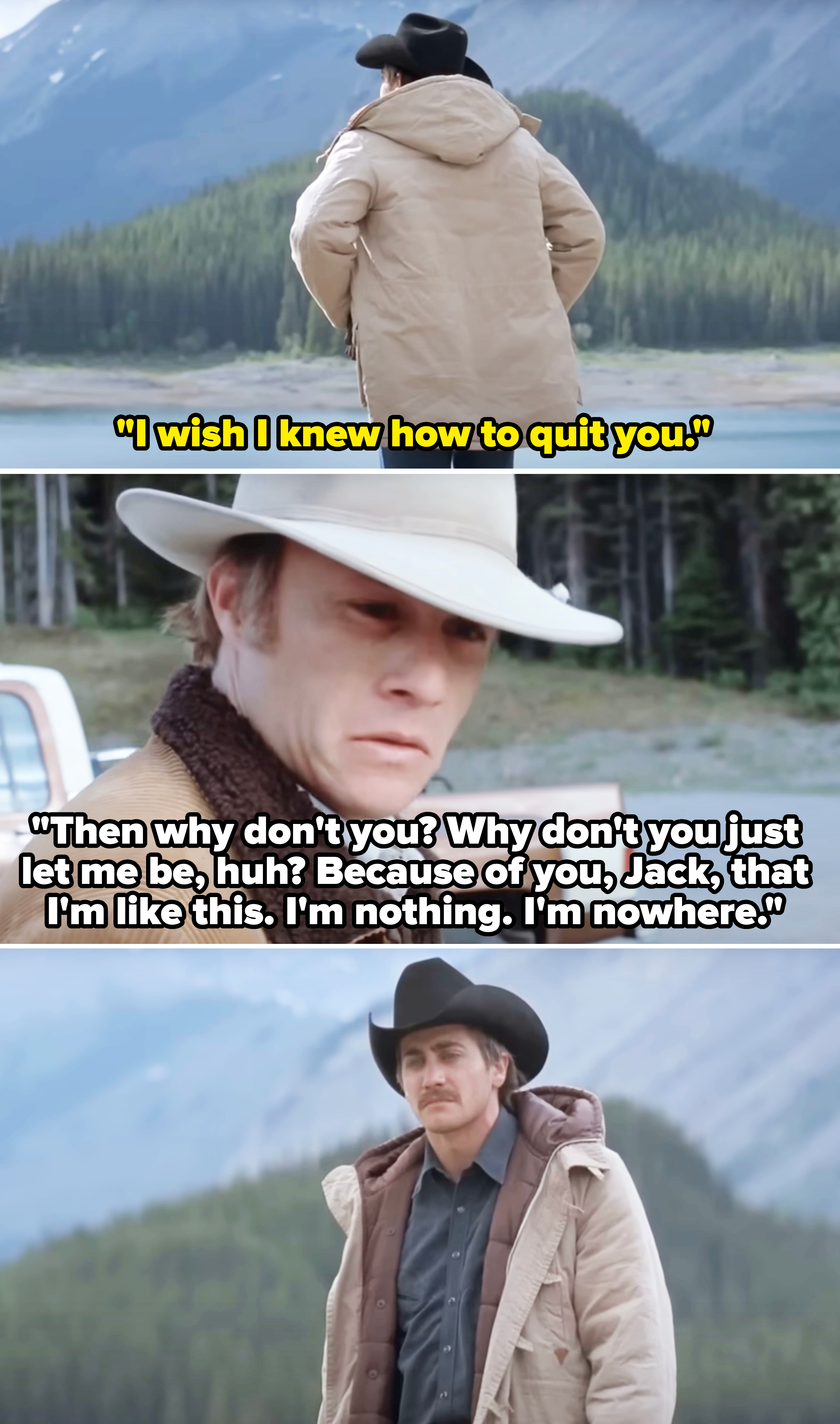 Scenes from the movie "Brokeback Mountain" featuring Heath Ledger in various outdoor settings, wearing cowboy hats and rugged outerwear