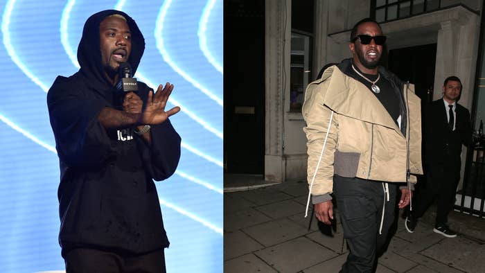 Ray J speaking on stage in a black hoodie; Diddy wearing a stylish jacket and sunglasses outdoors at night