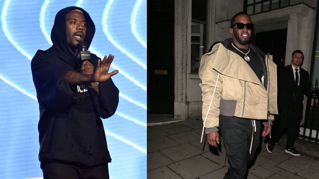 Ray J speaking on stage in a black hoodie; Diddy wearing a stylish jacket and sunglasses outdoors at night
