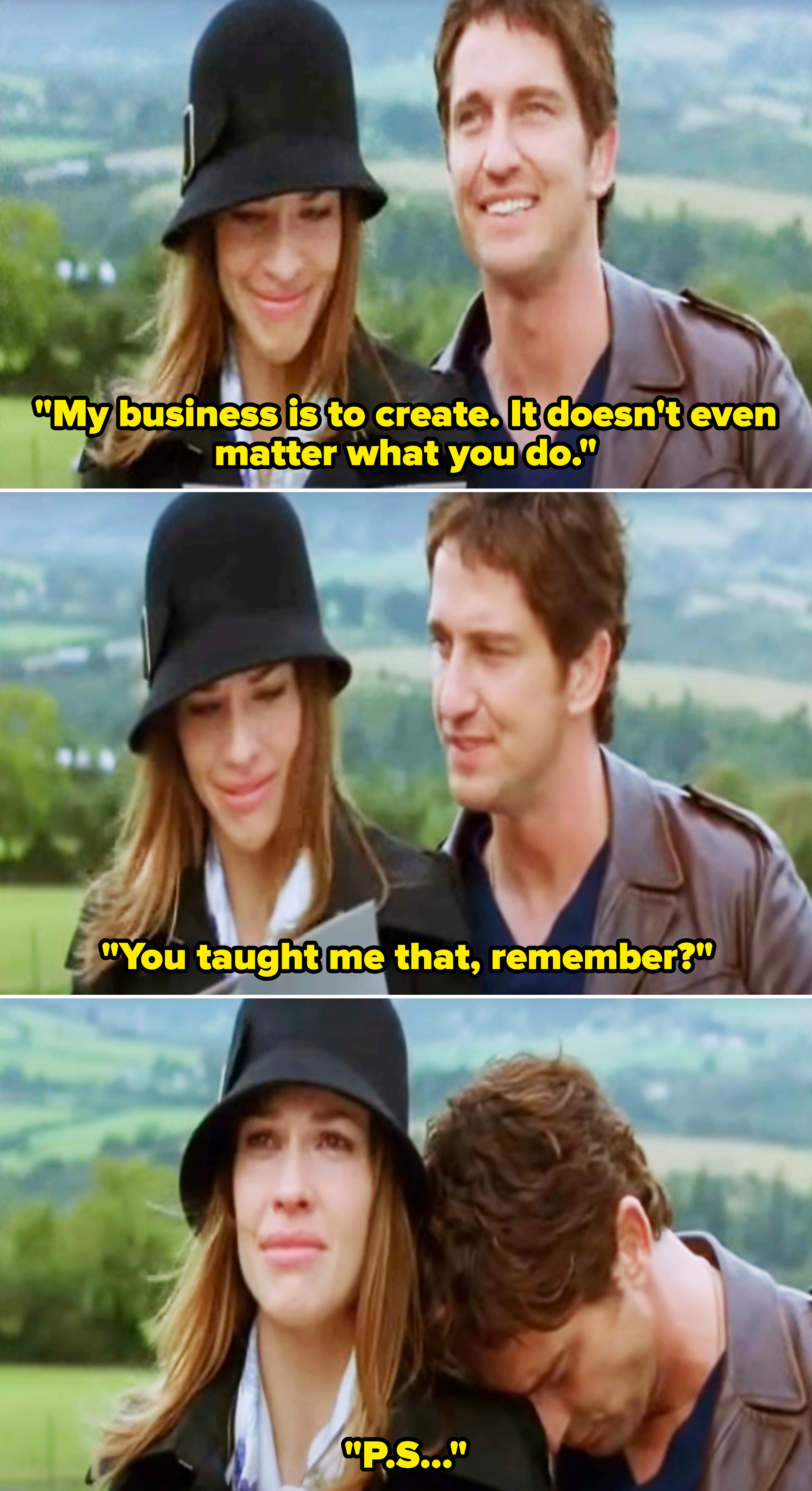 Hilary Swank and Gerard Butler in three scenes from the movie "P.S. I Love You," set in a picturesque rural landscape, displaying a mix of emotions and tender moments