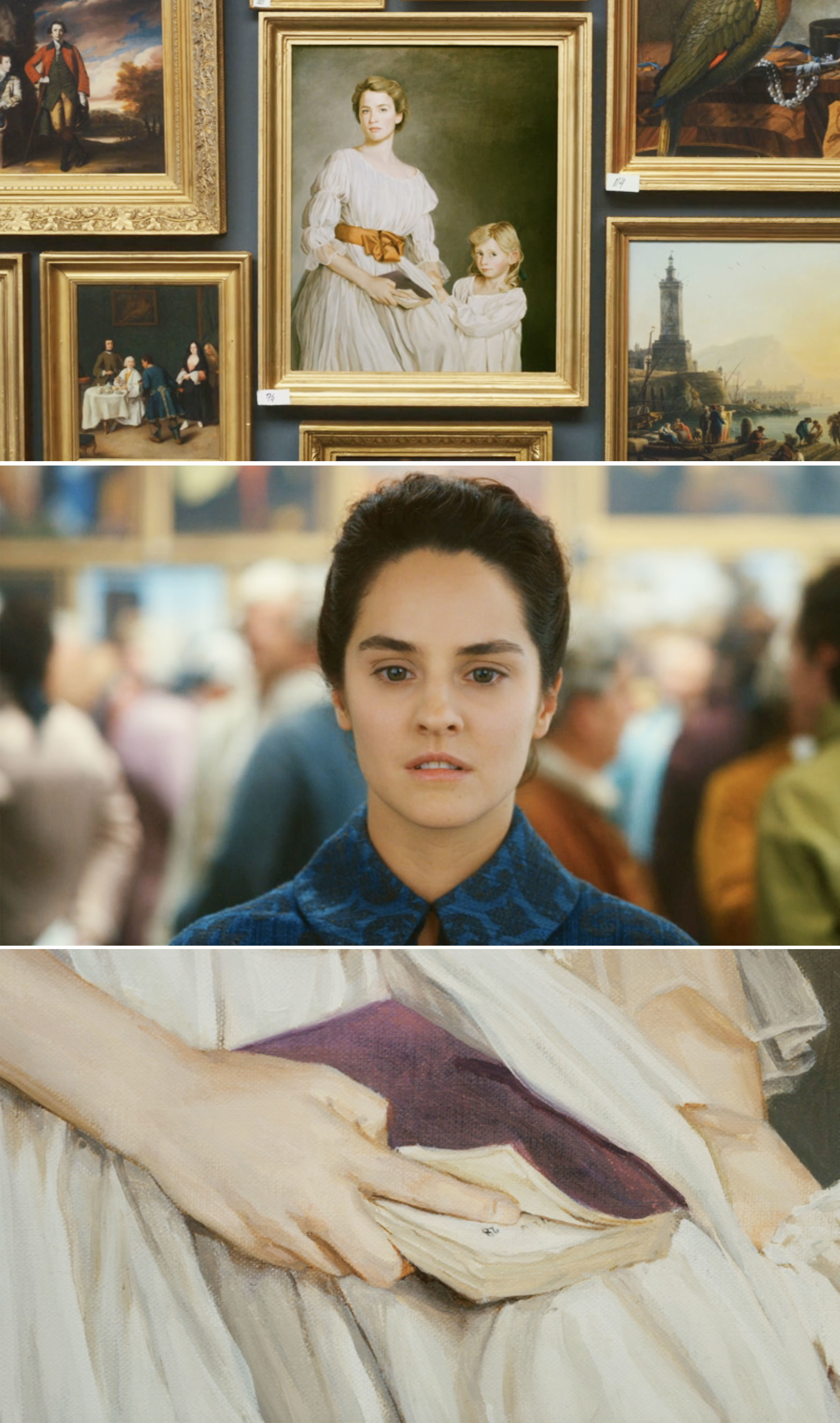 Art gallery wall with various paintings; portrait of a young woman in the center; close-up of a painting showing a hand holding a book