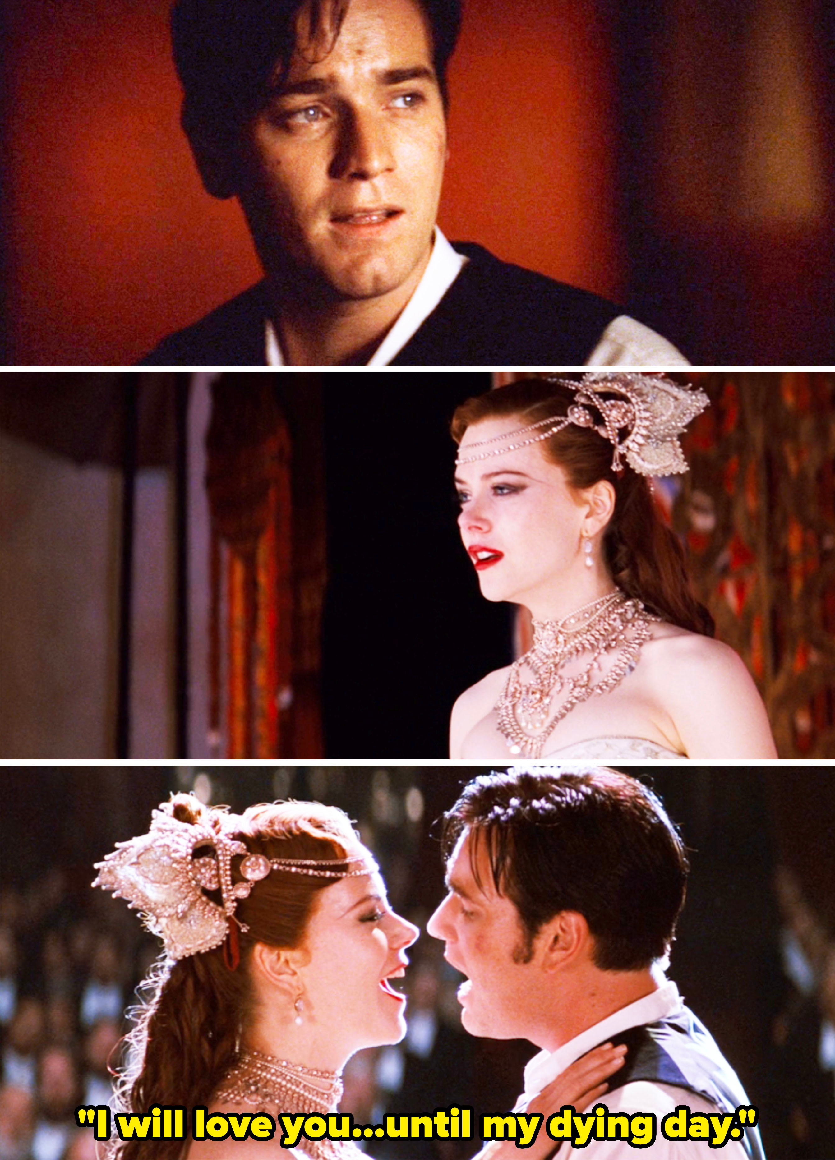 Ewan McGregor and Nicole Kidman in scenes from the movie "Moulin Rouge!" They are dressed in period costumes with elaborate accessories