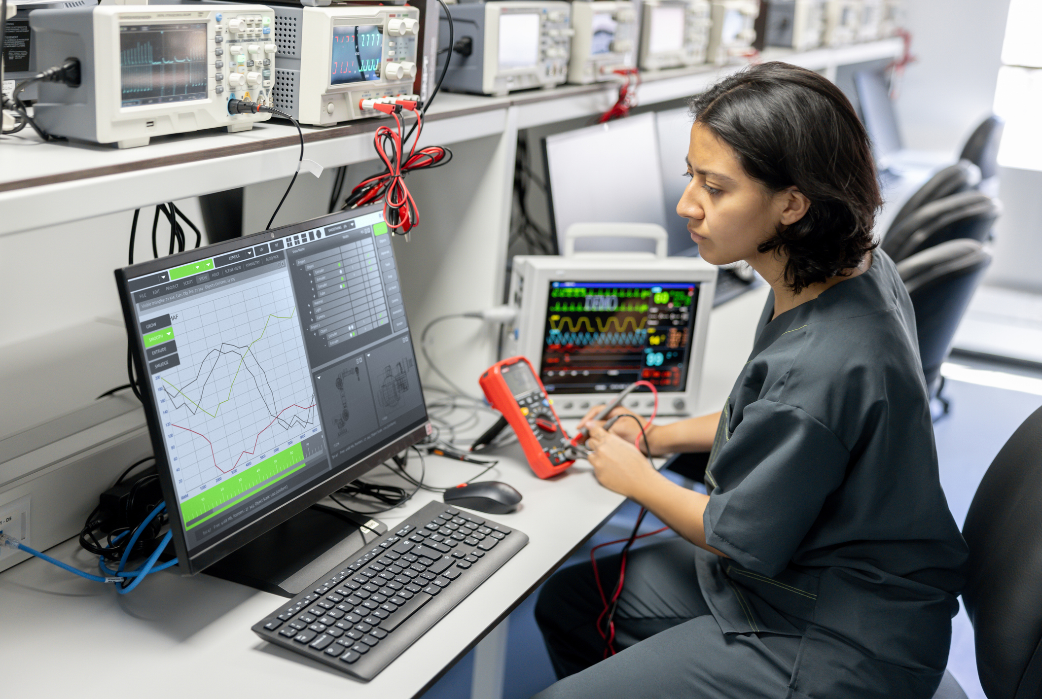 A woman in medical scrubs operates medical and electronic equipment in a lab, monitoring data on several screens and devices