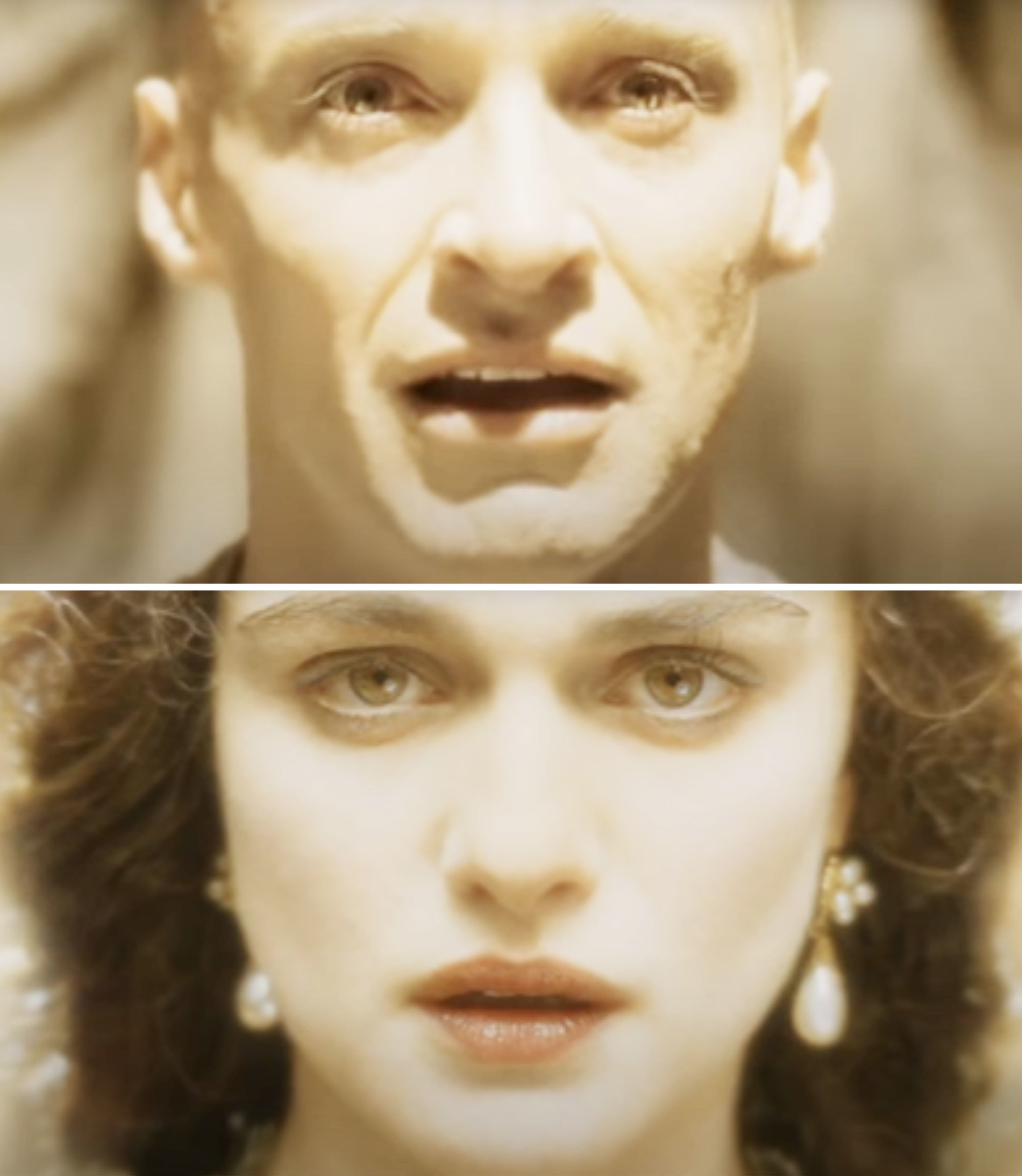 Top: Close-up of Hugh Jackman with an intense expression. Bottom: Close-up of Rachel Weisz wearing pearl earrings. Both images are from the film "The Fountain."