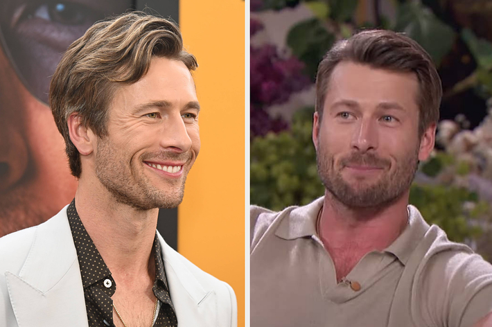 Glen Powell at an event on the left wearing a light-colored suit, and Glen Powell in a casual interview setting on the right wearing a polo shirt