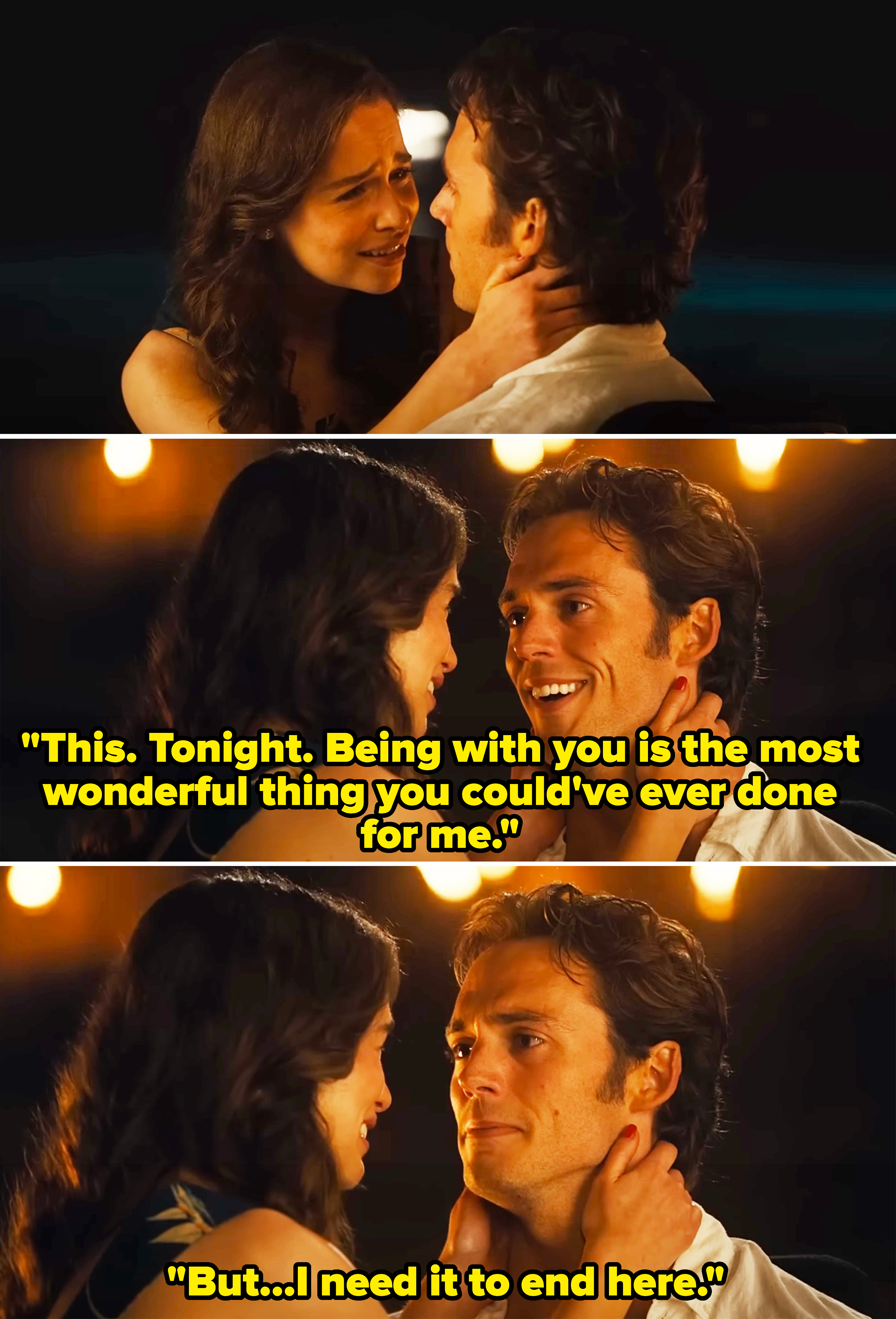 Emilia Clarke and Sam Claflin share an emotional moment in a scene from the movie "Me Before You."