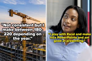 Split image: Left shows a construction site and a quote about making between 180-220 yearly. Right shows a woman with a quote about being good at Excel, PowerPoints, and presenting