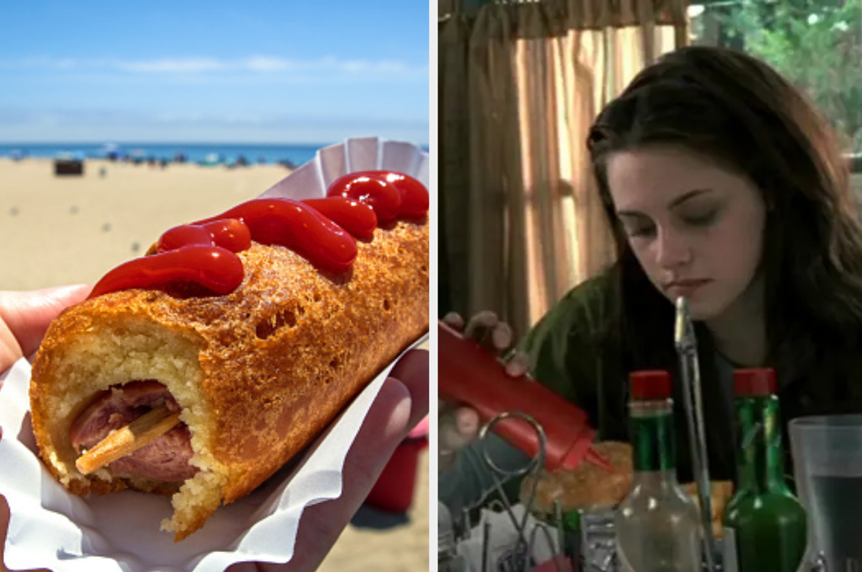 Left: A hand holding a corn dog with ketchup at the beach. Right: Kristen Stewart squeezes ketchup on a corn dog while sitting at a table with condiments
