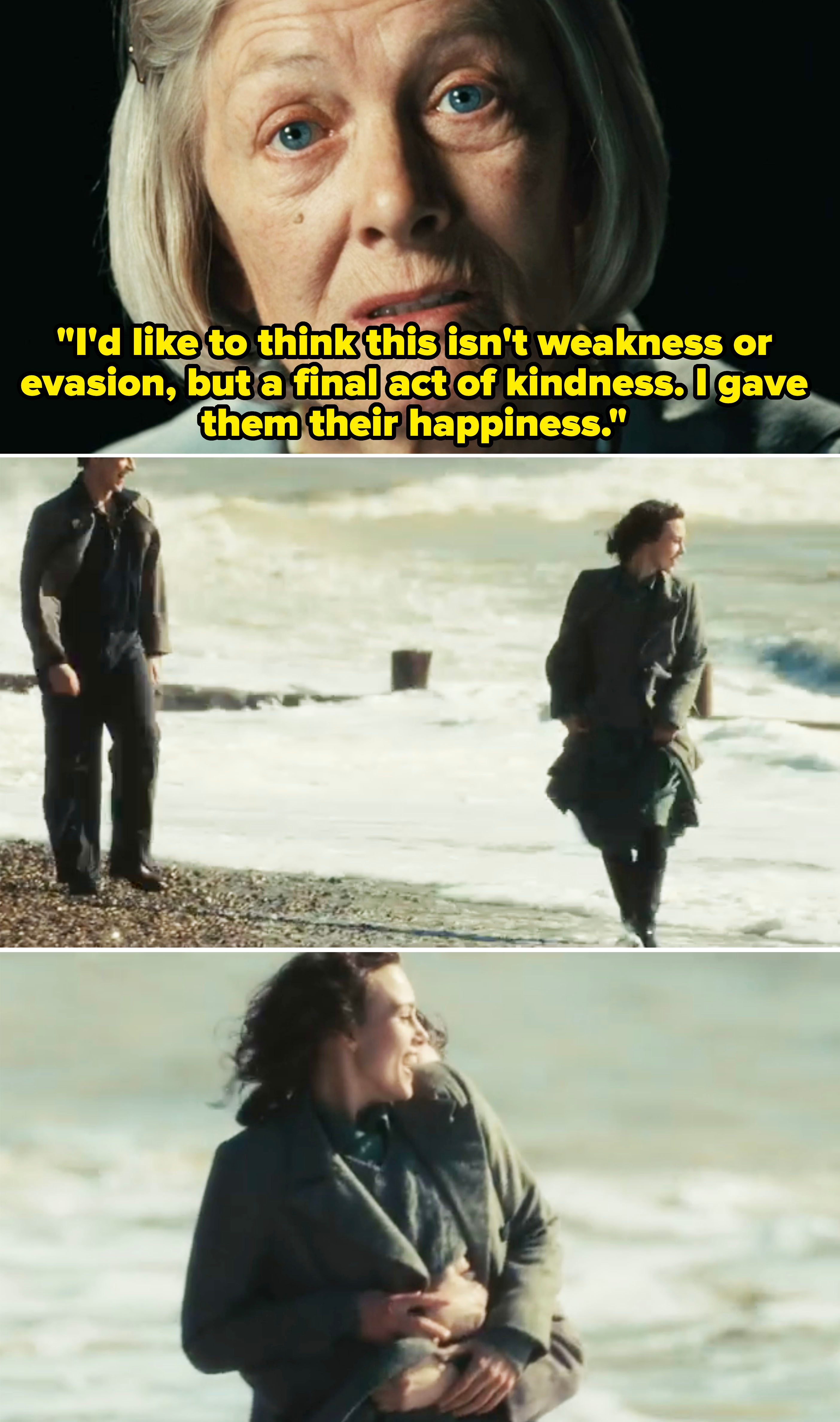 Vanessa Redgrave, Keira Knightley in a beach scene from "Atonement." Redgrave appears close-up and serious; Knightley is dressed in 1940s attire, walking by the shore