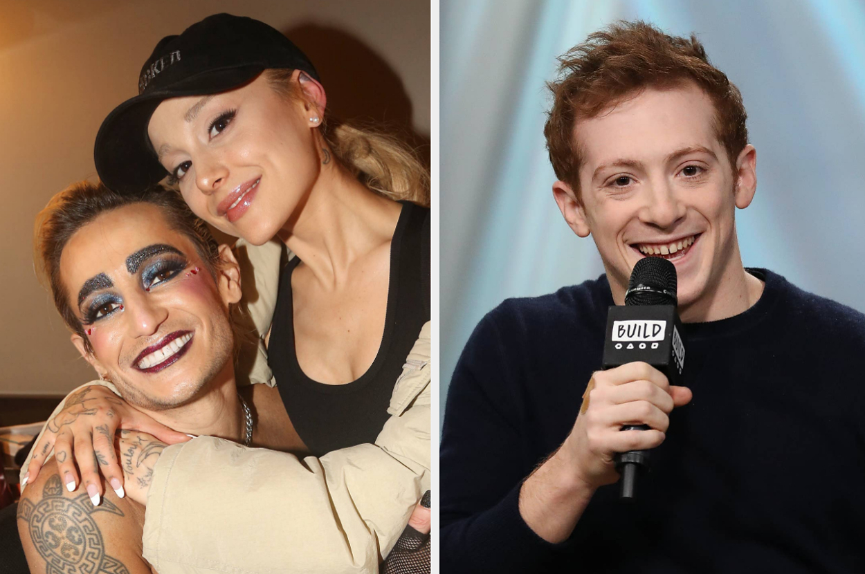 Frankie Grande wearing bold makeup and a cap embraces Ariana Grande, who smiles at the camera. To the right, Josh Ferris speaks into a microphone