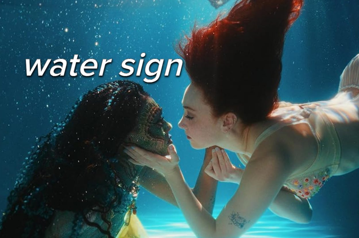 Two people under water, one with loose long hair and the other in a mermaid-style outfit, captioned "water sign"