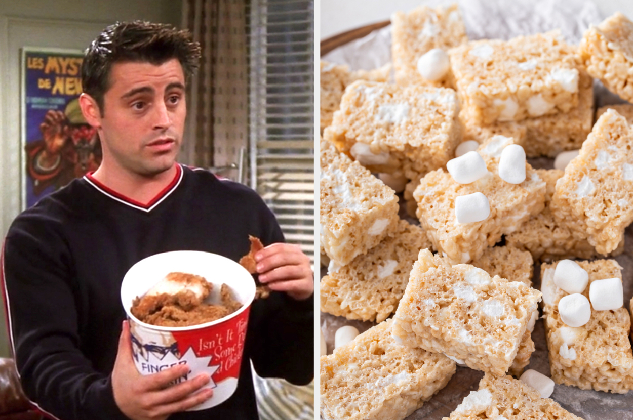 On the left, Joey from Friends holding a bucket of KFC chicken, and on the right, some Rice Krispies treats