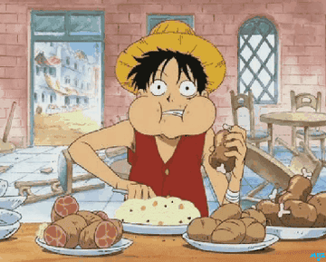 Monkey D. Luffy from One Piece is eating large amounts of food at a table with a surprised expression in an empty restaurant