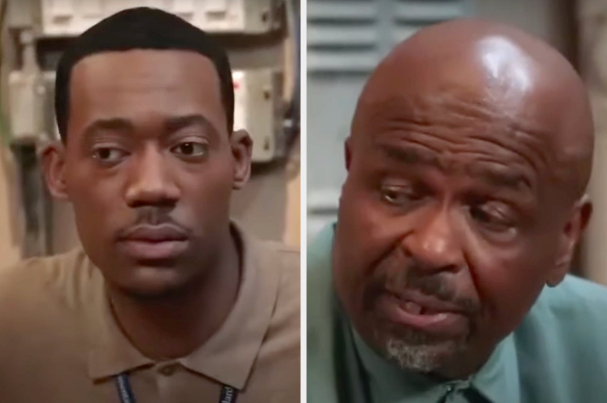 Tyler James Williams and Terry Crews in a split-screen close-up, both appearing thoughtful and serious in the image