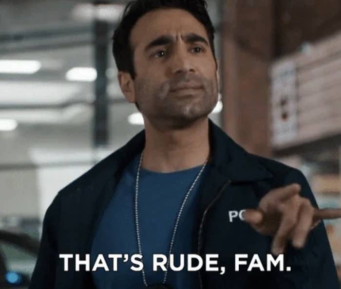 Man in a navy jacket, with &quot;POL&quot; visible, pointing with a serious expression. Caption reads, &quot;THAT'S RUDE, FAM.&quot;