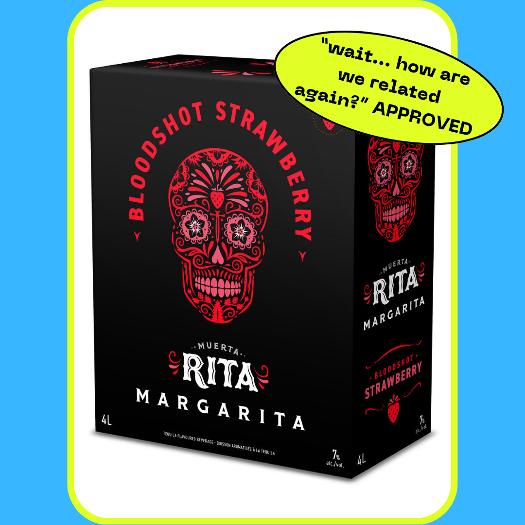 A black carton of Rita Margarita Bloodshot Strawberry flavor with a sugar skull graphic and the text "wait… how are we related again? APPROVED" in a speech bubble