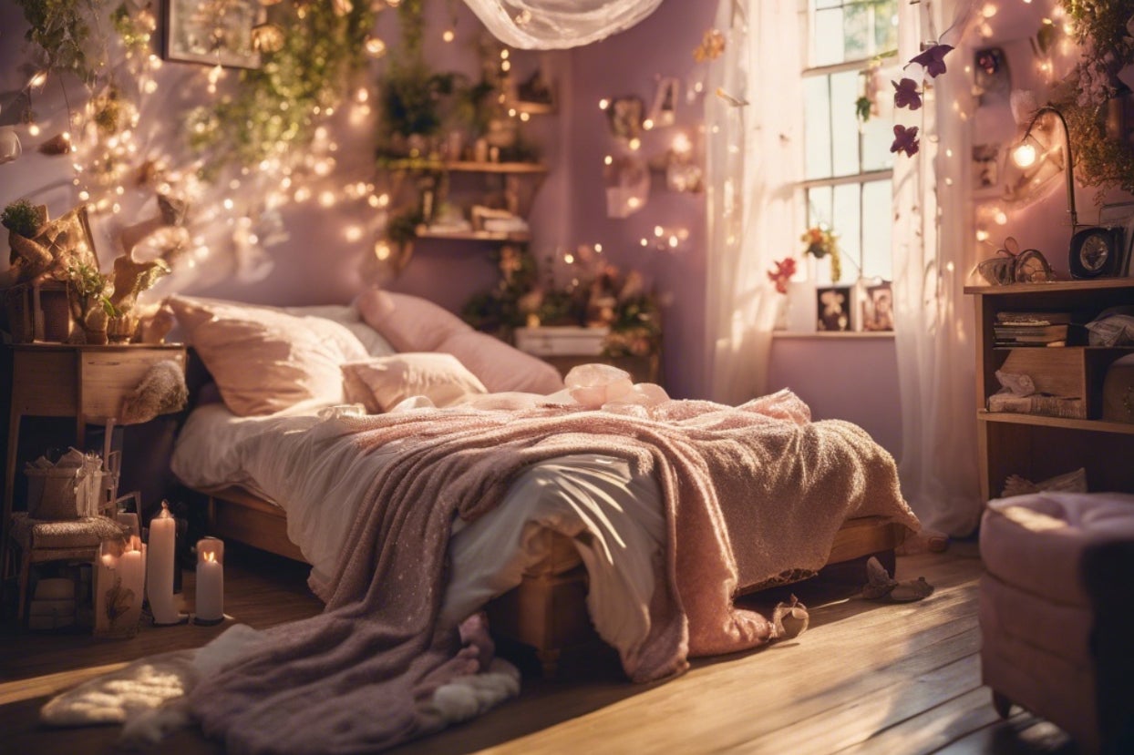 A dreamy bedroom with fairy lights, a canopy bed, plush bedding, and various plants and decorations, creating a cozy and whimsical atmosphere. No persons are present