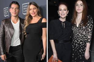 Sofía Vergara with her son Manolo and Julianna Moore with her daughter Liv in a side-by-side image